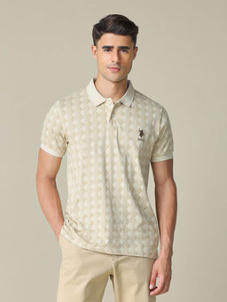 U.S. POLO ASSN. - Men's Beige All-Over Printed Regular Fit Polo T-shirt