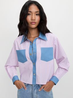 Pomelo - Striped Contrast Trim Shirt - Pink