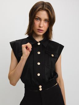 Pomelo - Collared Crop Shirt with Pockets - Black