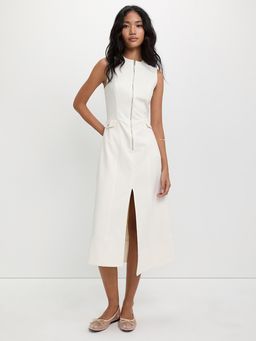Pomelo - Zip Front Slit Midi Dress - White