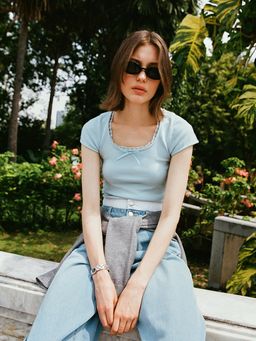 Pomelo - Bow Detail Lace Hem Blouse - Baby Blue