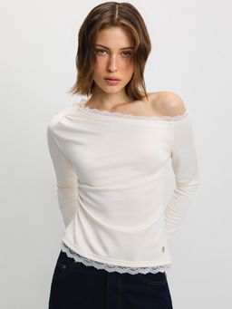 Pomelo - One-Shoulder Lace Trim Top - Cream