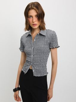 Pomelo - Gingham Shirred Blouse Shirt - Black
