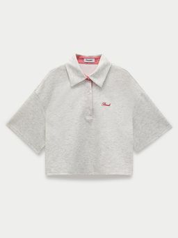 Pomelo - Oversized Cropped Polo Top - Light Grey