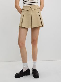Pomelo - Fold-Over Waistband Pleated Mini Skirt - Beige