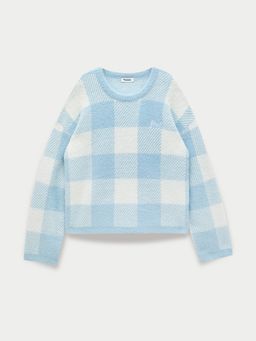 Pomelo - Gingham Fluffy Sweater - Baby Blue