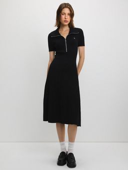 Pomelo - Ribbed Zip Polo Dress - Black