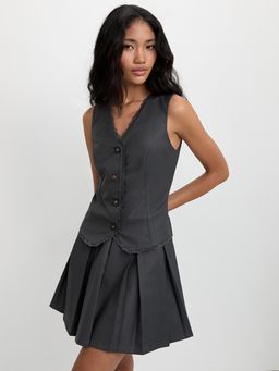 Pomelo - Lace Trim Pleated Skirt Dress - Dark Grey