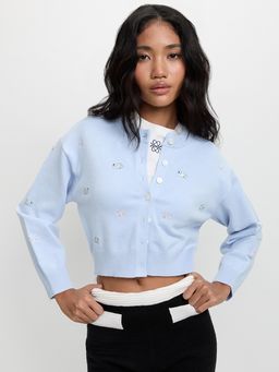 Pomelo - Swan Embroidery Cropped Cardigan - Baby Blue