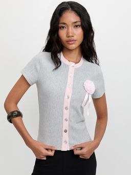 Pomelo - Rosette Contrast Trim Top - Light Grey