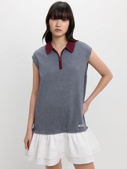 Pomelo - Half-Zip Ruffled Polo Dress - Cream - White Grey