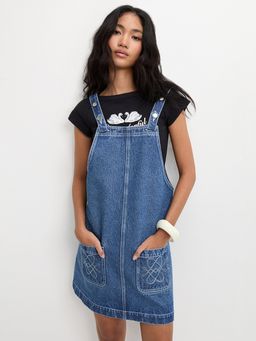 Pomelo - Denim Overall Dress With Pockets - Blue