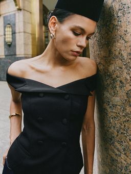 Pomelo - Double Breasted Off-Shoulder Blouse Top- Black