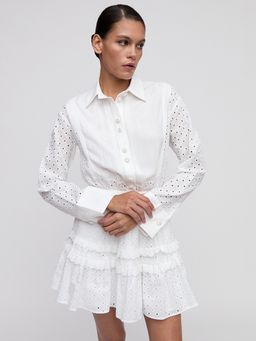 Pomelo - Eyelet Ruffled Shirt Dress - White