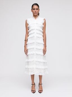 Pomelo - Tiered Ruffled Lace Hem Dress - White
