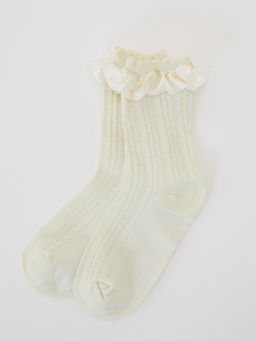 Pomelo - Cable Knit Ruffled Trim Socks - Cream