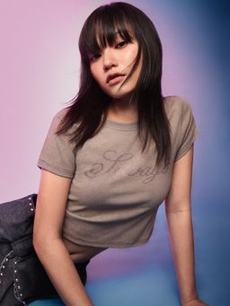 Pomelo - Rhinestone Embellished Crop Top - Mid Grey