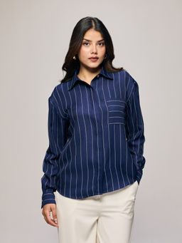 Twenty Dresses by Nykaa Fashion - Navy Blue Stripes Collared Cut and Sew Patch Pocket Shirt