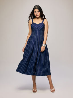 Twenty Dresses by Nykaa Fashion - Navy Blue Stripes Strappy Pleated Side Pocket Midi Dress