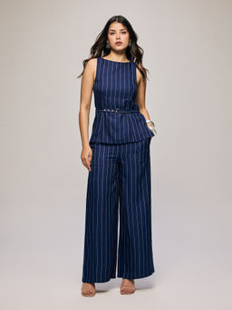 Twenty Dresses by Nykaa Fashion - Navy Blue Peplum Belted Top And Straight Leg Pant Co-Ord Set