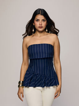 Twenty Dresses by Nykaa Fashion - Navy Blue Stripes Tube Neck Cross Frilled Peplum Top