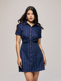 Twenty Dresses by Nykaa Fashion - Navy Blue Stripes Collared Pleated Buttoned Mini Dress