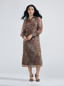 Twenty Dresses by Nykaa Fashion - Multi-Color Animal Print Collar Neck Midi Dress with Belt