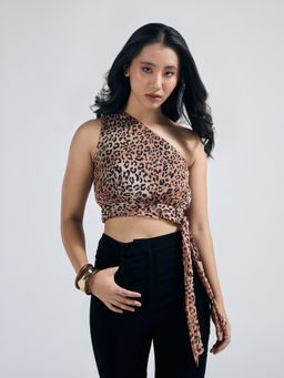 Twenty Dresses by Nykaa Fashion - Multi-Color Animal Print One Shoulder Tie-Up Detail Crop Top