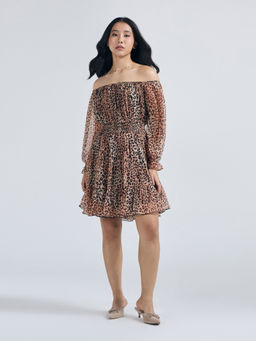 Twenty Dresses by Nykaa Fashion - Multi-Color Animal Printed Off Shoulder Tiered Mini Dress