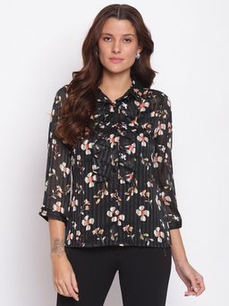 Latin Quarters - Floral Print Casual Regular Top Black