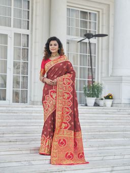 Odette - Gorgeous Woven Brown Banarasi Silk Saree with Unstitched Blouse