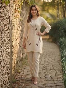 Autumnlane - Women's Embroidered Off White Kurti with Pant