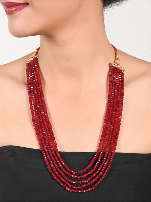 Ratnavali Jewels Five Layer Red Colour Real Onyx Stone Beads Necklace