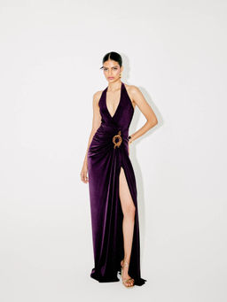 TISHARTH BY SHIVANI - Purple Halter Neck Draped Velvet Gown