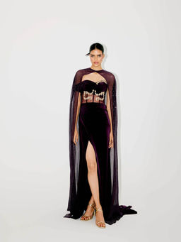TISHARTH BY SHIVANI - Purple Corset Gown with Sequenced Cape