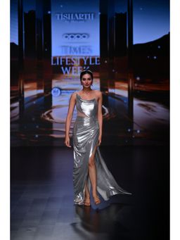 TISHARTH BY SHIVANI - Silver Foil Lycra Draped Gown