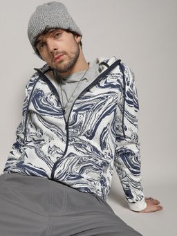 Campus Sutra - Mens White & Indigo Blue Contrast Fluid Zip Front Hoodie