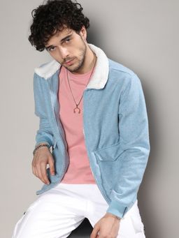 Campus Sutra - Mens Light Blue Zip-Front Jacket with Fleece Collar