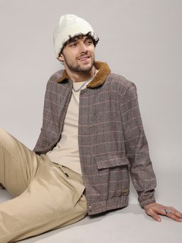 Campus Sutra - Mens Brown Tartan Plaid Jacket with Fleece Collar