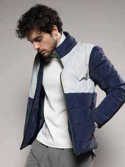 Campus Sutra - Mens Navy Blue & Moon Grey Parachute Puffer Jacket