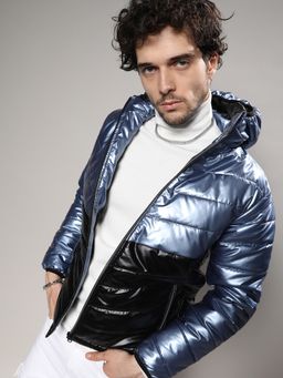 Campus Sutra - Mens Electric Blue & Carbon Black Metallic Quilted Puffer Jacket
