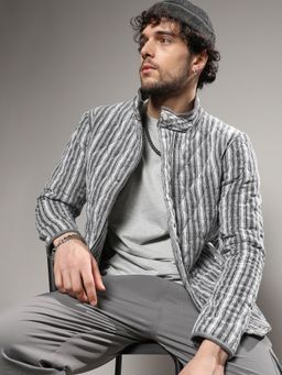 Campus Sutra - Mens Moon Grey Halo Striped Quilted Jacket