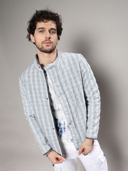 Campus Sutra - Mens White & Light Grey Striped Quilted Bomber Jacket
