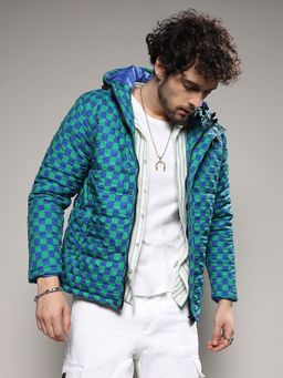 Campus Sutra - Mens Royal Blue & Shamrock Green Micro Buffalo Check Puffer Jacket