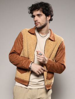 Campus Sutra - Mens Tan Brown Contrast Sherpa Jacket