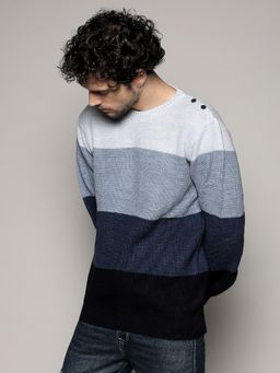 Campus Sutra - Mens Navy Blue & Icy Blue Contrast Panel Sweater