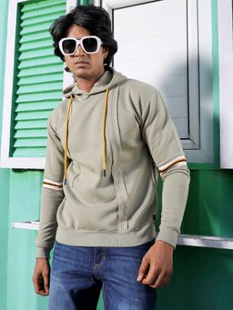 Campus Sutra - Mens Beige Pullover Hoodie with Contrast Striped Sleeve