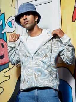 Campus Sutra - Mens Icy Blue & Olive Green Contrast Fluid Zip Front Hoodie