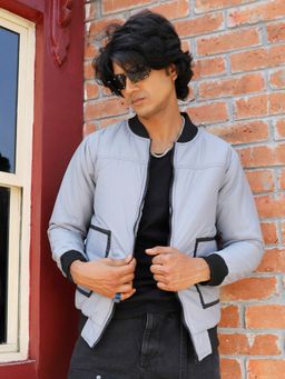 Campus Sutra - Mens Light Grey Zip-Front Puffer Jacket with Contrast Detail