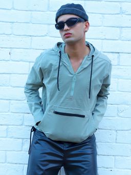 Campus Sutra - Mens Sage Green Half-Zip Utility Jacket with Contrast Drawstring